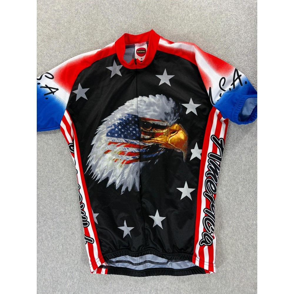 World Jerseys AMERICA Bald Eagle 3/4 Zip Cycling Jersey (Men's Medium) Black